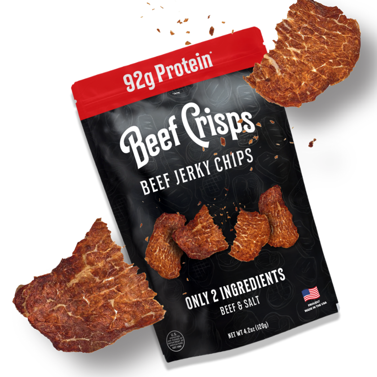 packaging of Beef Crisps beef jerky chips showing 92g protein claim and only 2 ingredients beef and salt with crispy beef pieces around the bag
