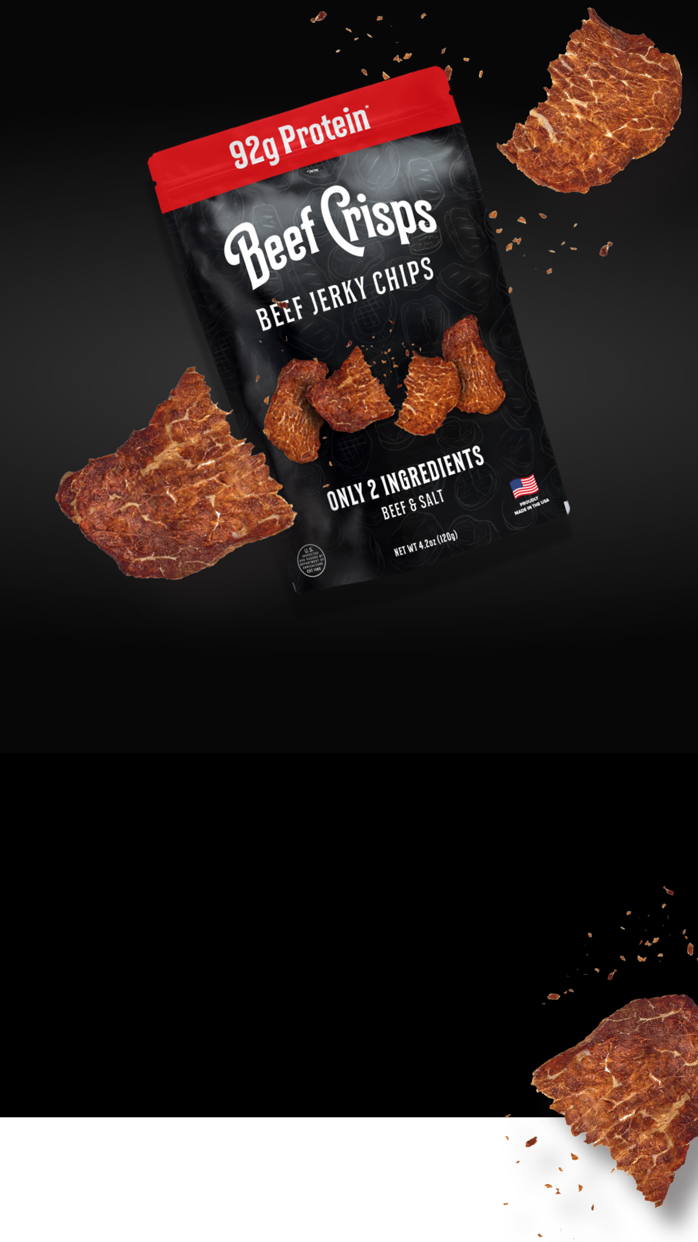 Hero image of Beef Crisps beef jerky chips bag with pieces flying around, highlighting 92g protein and only two ingredients beef and salt
