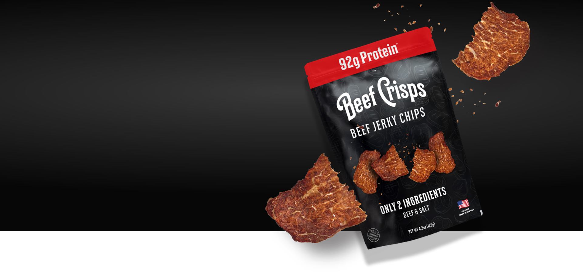 Hero image of Beef Crisps beef jerky chips bag with pieces flying around, highlighting 92g protein and only two ingredients beef and salt