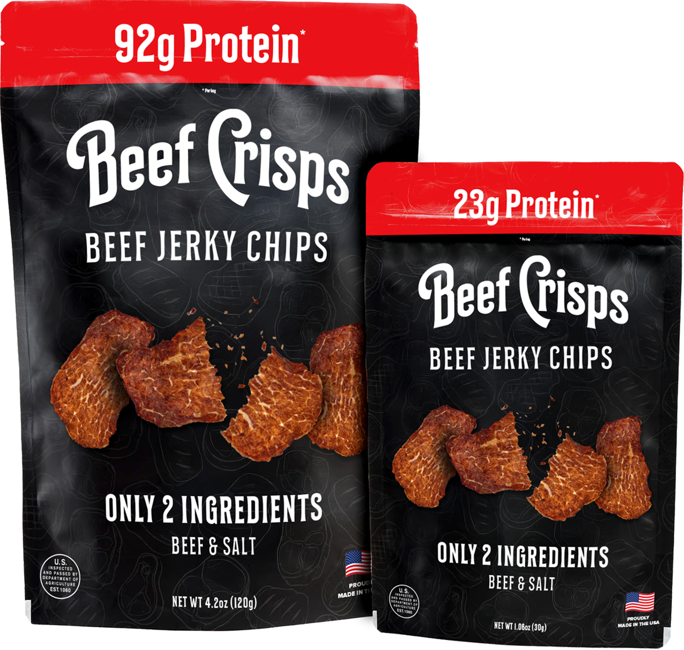 BINGEWORTHY Beef Crisps Beef Jerky Chips showing 92g protein 4.2oz bag and 23g protein 1.06oz bag high protein beef snack made in USA only 2 ingredients beef and salt