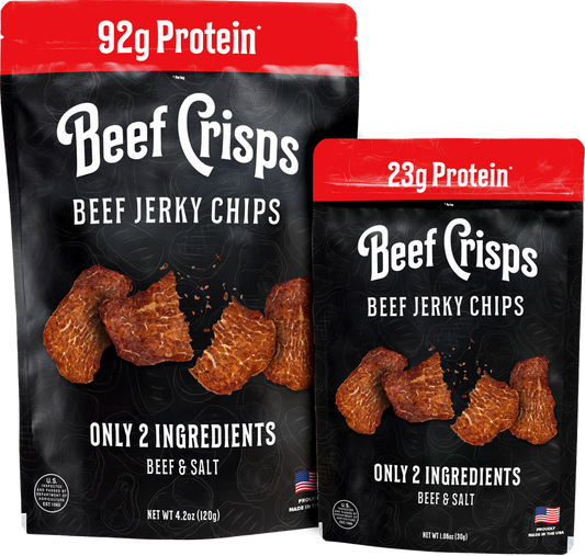 BINGEWORTHY Beef Crisps Beef Jerky Chips showing 92g protein 4.2oz bag and 23g protein 1.06oz bag high protein beef snack made in USA only 2 ingredients beef and salt