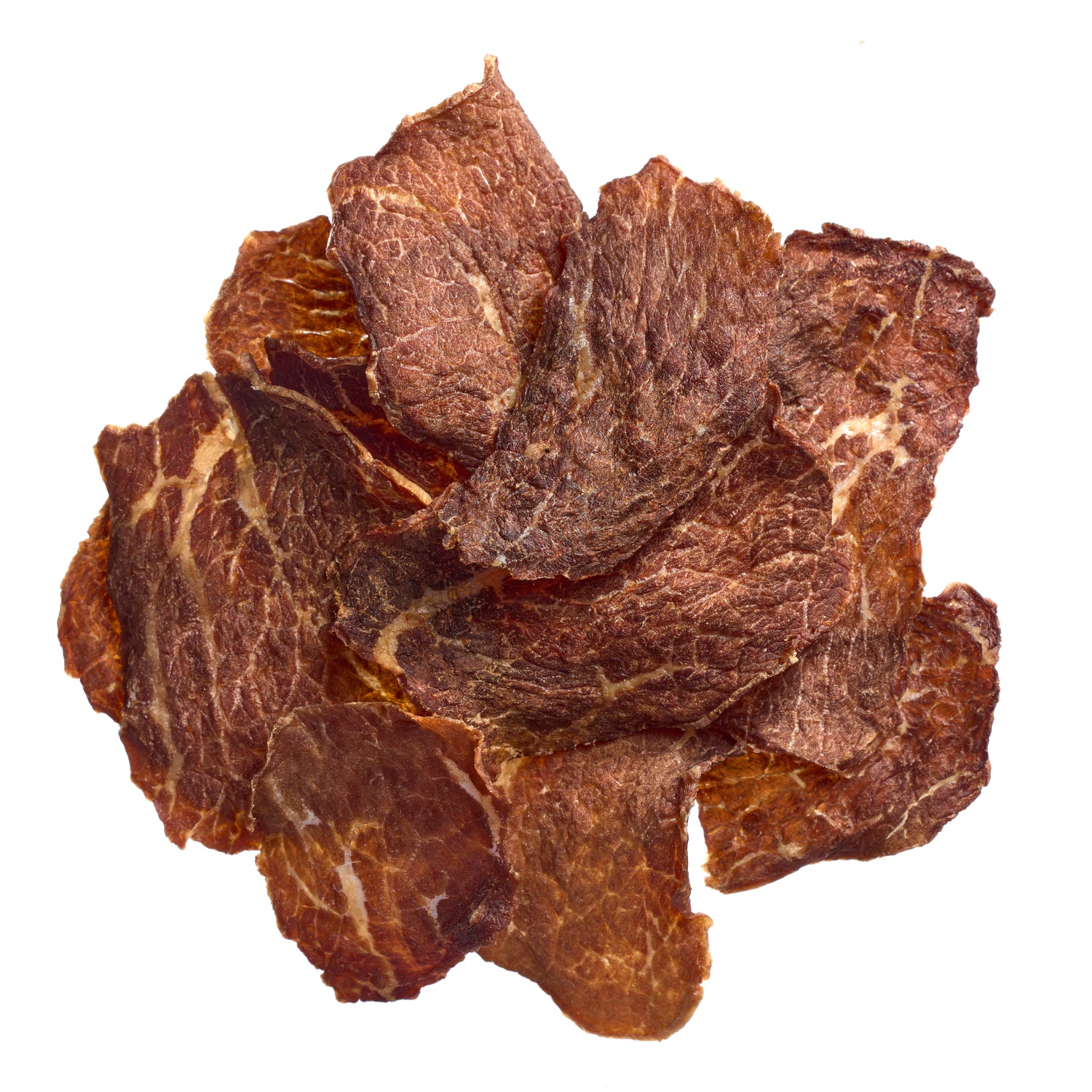 stack of crispy beef jerky chips pieces showing thin crunchy texture of Beef Crisps snack
