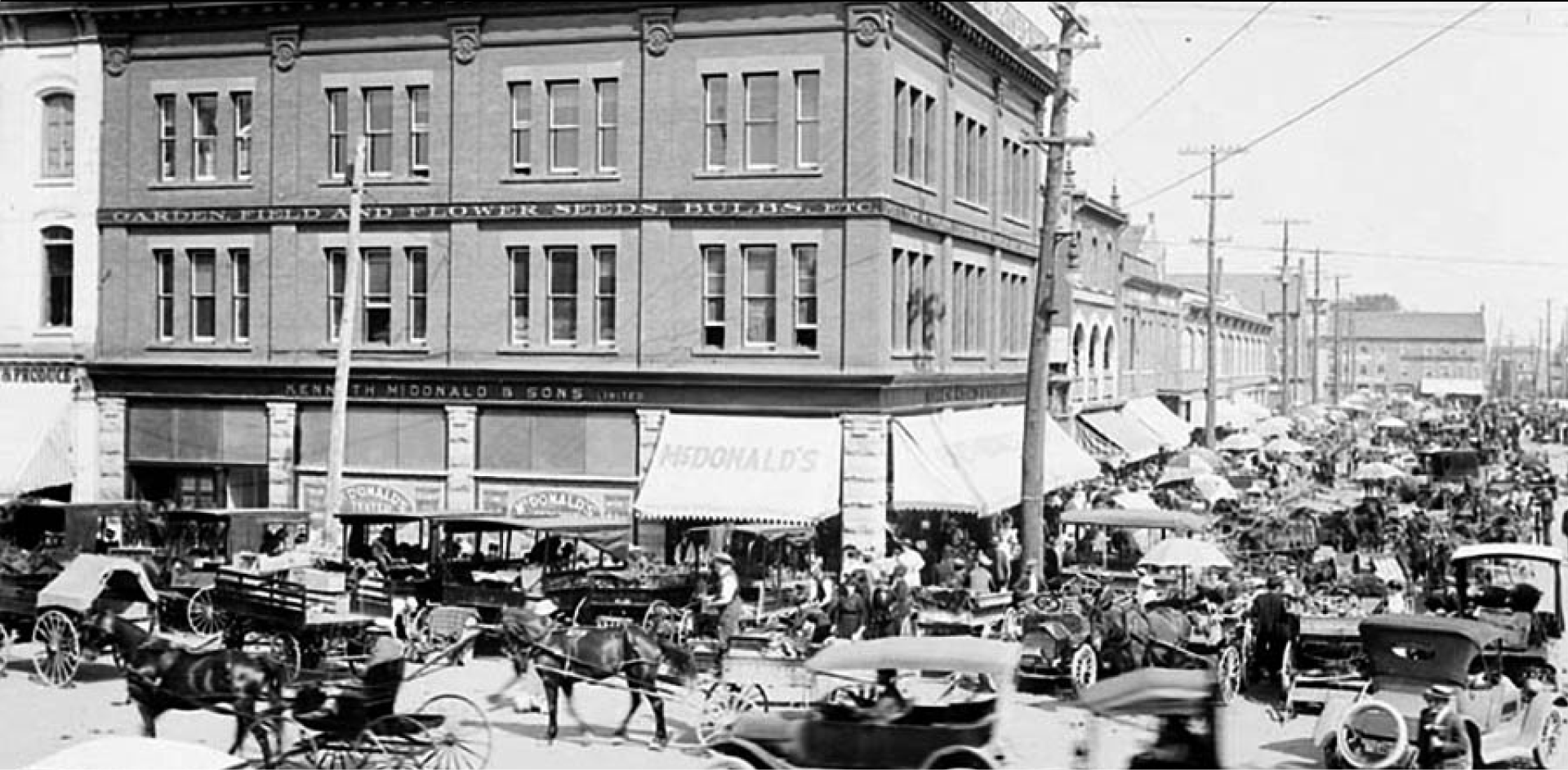 Panoramic historic photo of ByWard Market Ottawa showing crowded street with early automobiles horse drawn wagons vendors and market buildings in the early 1900s