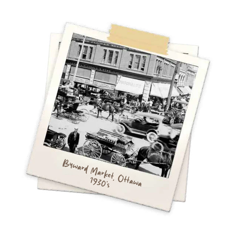 Polaroid-style photo labeled Byward Market Ottawa 1930s showing historic street scene with horse drawn carriages early automobiles and market storefronts